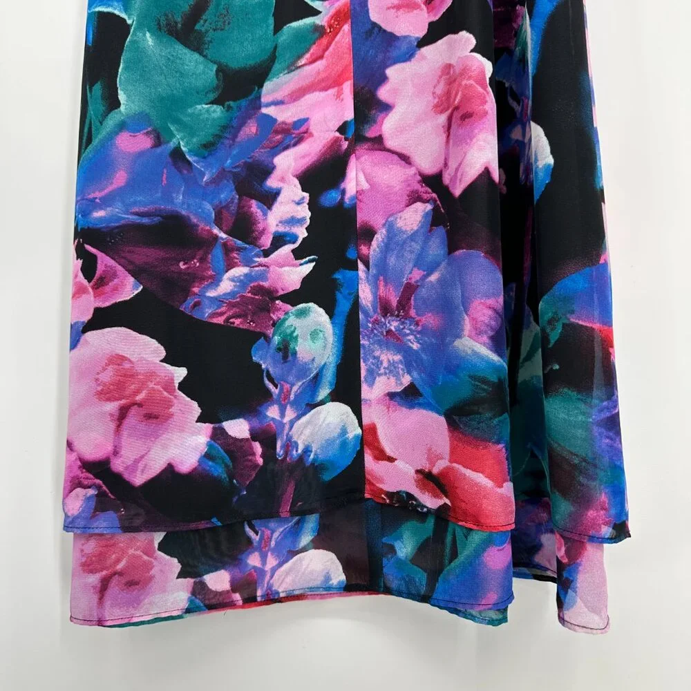 Tahari Abstract‎ Floral Cocktail Dress 4 RuffleTrim Sleeveless Swing Black Pink